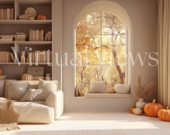 Arrière-plan zoom confortable automnal : étagère et citrouilles (téléchargement numérique)