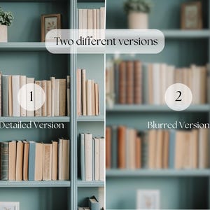 May include: A teal bookshelf filled with various books. The left side shows a detailed version with visible book spines in shades of brown, beige, and blue. The right side presents a blurred version of the books. Text reads "Two different versions".