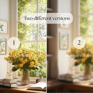 Cute cottage study area, bookshelf with earthy toned books, wooden desk with yellow flowers in a pretty glass vase next to an open book and some pink flowers in white stone vase. Big window letting in natural sunlight.