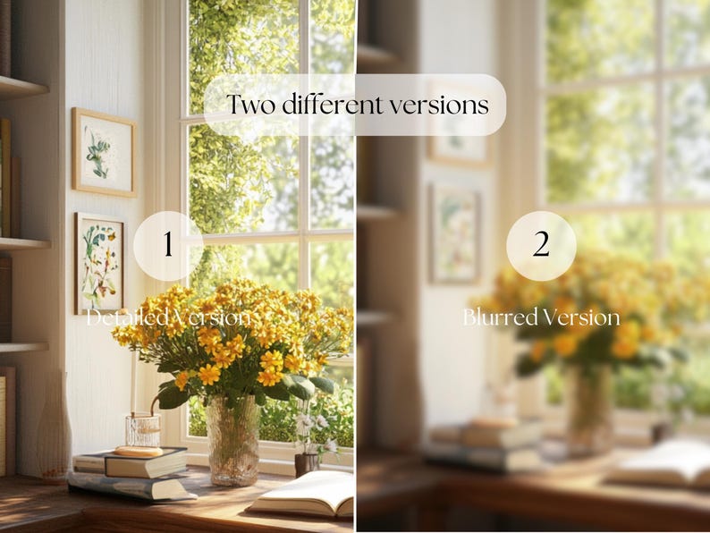Cute cottage study area, bookshelf with earthy toned books, wooden desk with yellow flowers in a pretty glass vase next to an open book and some pink flowers in white stone vase. Big window letting in natural sunlight.