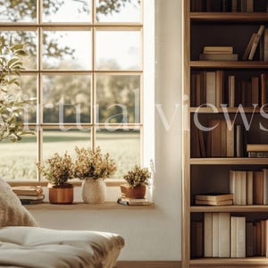 Puede incluir: Escena interior acogedora con una ventana que da a un campo verde, una estantería llena de libros y una zona de estar. Jarrones y plantas decorativas en el alféizar, creando un ambiente cálido y acogedor.