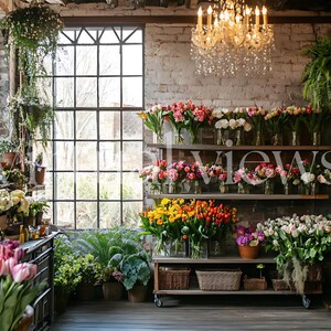 Peut inclure: Une boutique de fleurs avec une variété de fleurs colorées dans des vases sur des étagères. La boutique a un mur en briques, une grande fenêtre et un lustre.