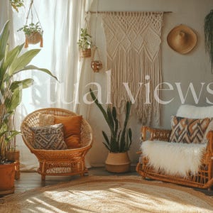 May include: A bohemian living room with a wicker chair, a woven wall hanging, and a variety of plants. The room is decorated in a neutral color palette with natural textures.