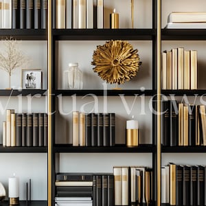May include: A black bookshelf with gold accents features various books, decorative objects, and candles. The shelves are filled with books in black, white, and gold covers. There are also decorative objects, such as a gold-colored flower and a clear glass vase.