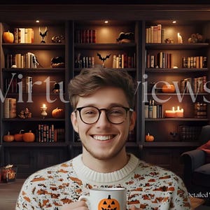 May include: A man wearing a sweater with a pumpkin pattern is holding a white mug with a pumpkin face on it. He is sitting in front of a bookshelf with candles and pumpkins on it. The text "Virtual Views" is visible in the background.
