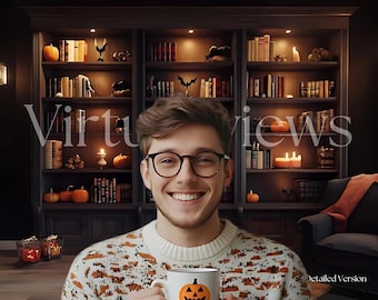 Halloween Zoom Background: Cozy Bookcase Decor, Virtual Backdrop for Zoom and Skype Calls