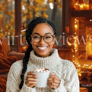 May include: A woman wearing a white sweater and glasses smiles while holding a white mug filled with hot chocolate and marshmallows in front of a fireplace with fairy lights.
