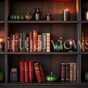 May include: A dark wood bookshelf with multiple shelves filled with books, candles, and decorative items. The shelves are decorated with green pumpkins, glass jars, and candles. The books are arranged in rows and are of various sizes and colours.