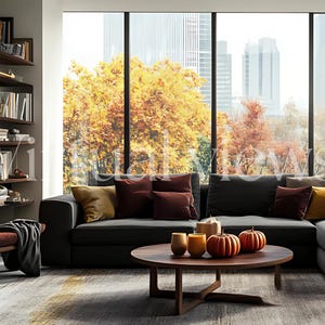 May include: A modern living room with a sectional sofa in grey fabric, featuring a variety of throw pillows in shades of red, yellow, and brown. The sofa is positioned in front of a large window with a view of a city skyline and autumn trees. A round wooden coffee table sits in front of the sofa, decorated with pumpkins and candles.