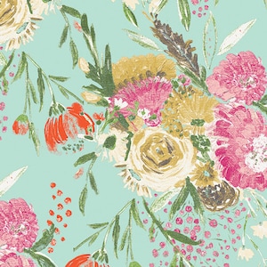 Art Gallery Knit  Summer Bouquet in Clear - Knit Fabric - Mint Green Floral Fabric 95/5% Cotton/Spandex