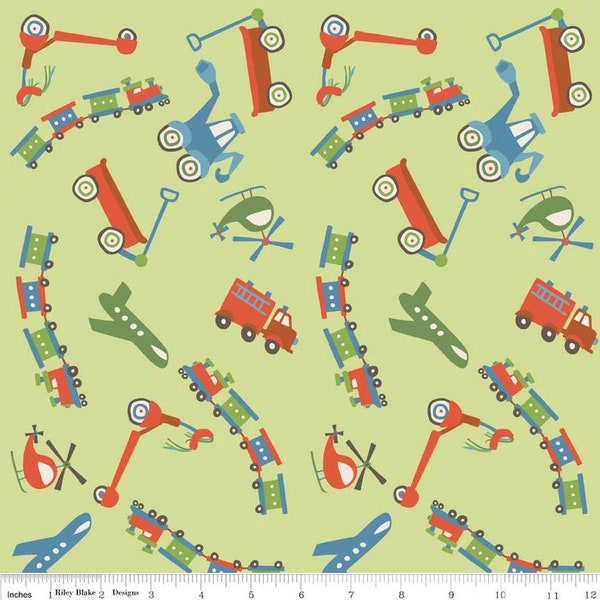 Green Scoot 100% Cotton Flannel  Fabric by Riley Blake Designs - F2720 Green Fabric with Trains, Planes, Wagons, Cars, Scooters Flannel