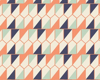 Art Gallery Knit Seed Packet Shadow  - Stretch Jersey Knit - Art Gallery Knit Fabric - Orange, Mint, Navy Cream Mint Fabric Cotton Spandex