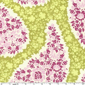 May include: A white fabric with a repeating pattern of pink and green floral designs. The floral designs are stylized and resemble paisley shapes.