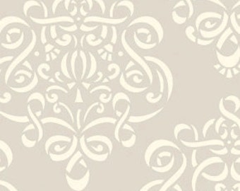 Taza Neutral Ribbon Damask by Dena Designs - PWDF110 - 100% Cotton Fabric - Quilting Fabric - Grey Cream Fabric - Free Spirit Fabric