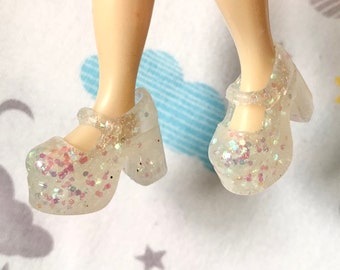 Blythe Clear with Chunky Iridescent Glitter Platform Mary Jane Doll shoes