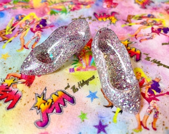 Jem and Darci Clear with Silver and Purple Glitter Scalloped High heeled doll shoes