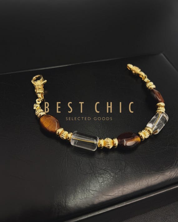 White Crystal & Tiger Eye Bracelet – Handmade Gemstone Jewelry, Luxury Gold Accents, Adjustable Bracelet for Men and Women
