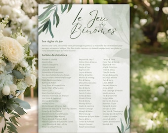 Jeu des Binômes pour Mariage, Baptême et Fête - Jusqu'à 160 Invités - 80 Binômes à Imprimer - Eucalyptus - Jeu des Duos - Animation Fête