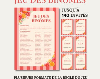 Jeu des binômes pour mariage, baptême et fête - Rose fuchsia, orange - Jusqu'à 140 invités - 70 binômes à imprimer