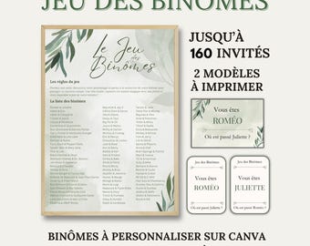 Jeu des Binômes pour Mariage, Baptême et Fête - Jusqu'à 160 Invités - 80 Binômes à Imprimer - Eucalyptus - Jeu des Duos - Animation Fête