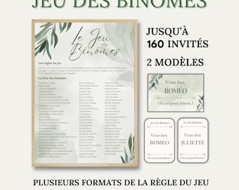 Jeu des Binômes pour Mariage, Baptême et Fête - Jusqu'à 160 Invités - 80 Binômes à Imprimer - Eucalyptus - Jeu des Duos - Animation Fête