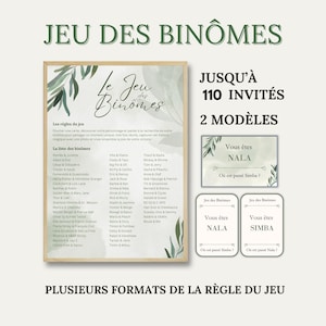 Jeu des Binômes pour Mariage, Baptême et Fête - Jusqu'à 110 Invités - 55 Binômes à Imprimer - Eucalyptus - Jeu des Duos - Animation Fête
