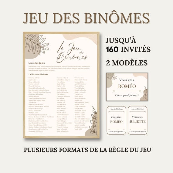 Jeu des Binômes Beige pour Mariage, Baptême ou Anniversaire | 80 Duos Célèbres à Imprimer | Animation Fête Jusqu'à 160 Invités
