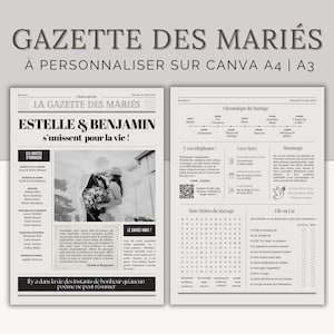 Gazette des Mariés 2 Pages - Journal des Mariés - Modèle Canva à personnaliser A3/A4