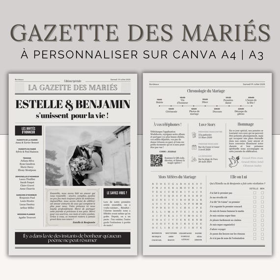 Gazette des Mariés 2 Pages - Journal des Mariés - Modèle Canva à personnaliser A3/A4