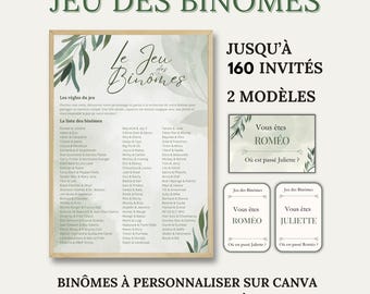 Jeu des Binômes pour Mariage, Baptême et Fête - Jusqu'à 160 Invités - 80 Binômes à Imprimer - Eucalyptus - Jeu des Duos - Animation Fête