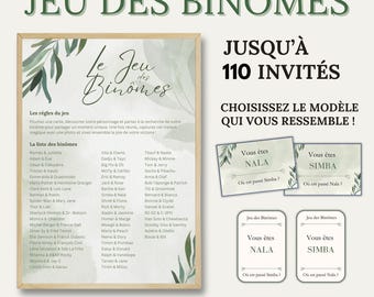 Jeu des Binômes pour Mariage, Baptême et Fête - Jusqu'à 110 Invités - 55 Binômes à Imprimer - Eucalyptus - Jeu des Duos - Animation Fête