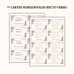 May include: A set of rectangular game cards with a beige and white abstract background. The cards feature black text including names like Rom&eacute;o, Adam, C&eacute;sar, and Tristan, alongside instructions for a matching game. The design includes line art of leaves.