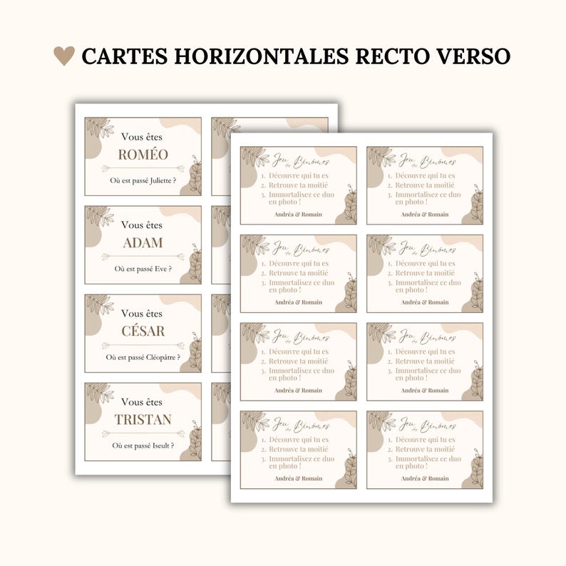 May include: A set of rectangular game cards with a beige and white abstract background. The cards feature black text including names like Rom&eacute;o, Adam, C&eacute;sar, and Tristan, alongside instructions for a matching game. The design includes line art of leaves.