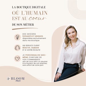 May include: A promotional graphic for Bloom Studios featuring a person in a white button-down shirt and dark trousers. The text reads: LA BOUTIQUE DIGITALE O&Ugrave; L'HUMAIN EST AU COEUR DE SON M&Eacute;TIER, along with three icons and descriptive French text.