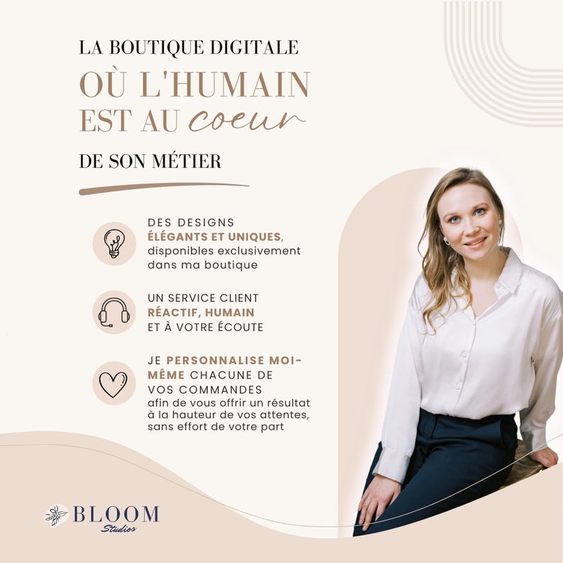 May include: A promotional graphic for Bloom Studios featuring a person in a white button-down shirt and dark trousers. The text reads: LA BOUTIQUE DIGITALE O&Ugrave; L'HUMAIN EST AU COEUR DE SON M&Eacute;TIER, along with three icons and descriptive French text.