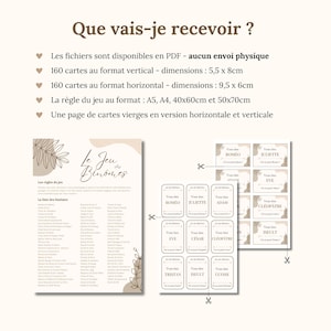 May include: A digital game set titled Le Jeu des Bin&ocirc;mes featuring a rule sheet and printable cards. Includes 160 vertical cards at 5.5 x 8 cm, 160 horizontal cards at 9.5 x 6 cm, game rules in A5, A4, 40x60 cm, and 50x70 cm, plus blank card pages.