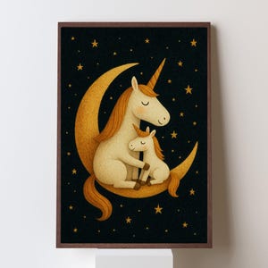 Kunst Einhorn Umarmung auf dem Mond – Mutter und Baby Printable – Schlafenszeit Kinderzimmer Dekor – Sternenklare Nacht Kinderzimmer Poster – zum sofortigen Download