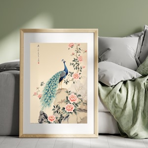Pfau und Pfingstrosen druckbare Kunst, Chinoiserie Blumenvogel Poster, eleganter botanischer Vintage digitaler Download für Wohnkultur
