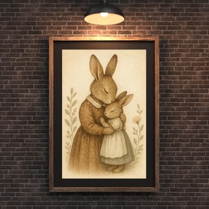 Mother and Baby Bunny Wall Art Printable, Vintage Animal Nursery Decor for Mother&#39;s Day Gift, Baby Room or Woodland Kids Room