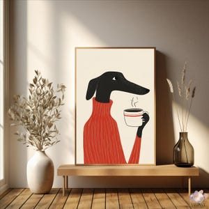 Windhund Kaffee Kunstdruck | Gemütliches Cafe Vibe | Skurrile minimalistische Wandkunst