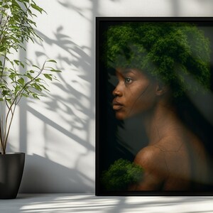 Afro Earth Goddess Wall Art Printable – Black Woman Nature Fusion Portrait | African Digital Art Download | Botanical Ethereal Decor