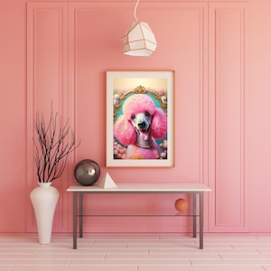 Pink Poodle Digital Art Print – Glam French Poodle Portrait in Vintage Baroque Frame – Whimsical Wall Decor for Dog Lovers & Pet Parents