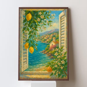 Italian Seaside Window Printable Art – Lemon Tree Coastal View – Orange Blossom Wall Decor – Mediterranean Digital Download Print