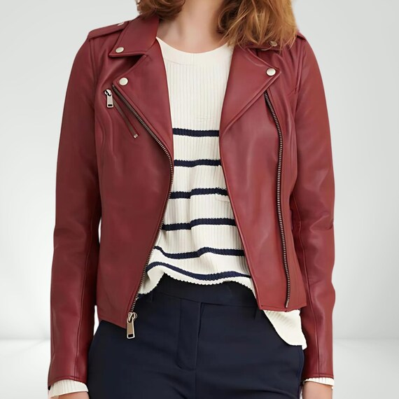 Handmade Dark Red Leather Biker Jacket for Women in Genuine