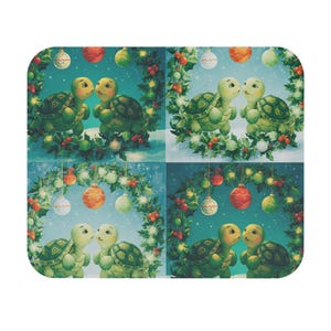 May include: A rectangular print featuring four distinct quadrants, each displaying two green turtles facing each other within a circular wreath of holly, red berries, and hanging multicoloured Christmas ornaments against a snowy blue background.