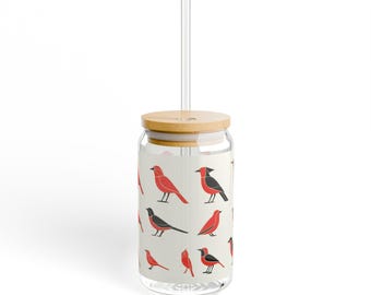 Whimsical Bird Sipper Glass, 16oz Eco Friendly Drinkware, Gift for Bird Lovers, Home Decor, Perfect for Parties, Unique Kitchen