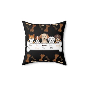 Cute Dog-Themed Square Pillow, Pet Lover Gift, Woof Decorative Cushion, Home Decor, Dog Breed Accent Pillow