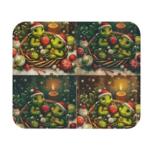 May include: A rectangular mousepad featuring a repeating four-panel illustration of two green turtles wearing red Santa hats, sitting in a woven basket filled with Christmas ornaments, pine branches, and a lit candle against a snowy background.