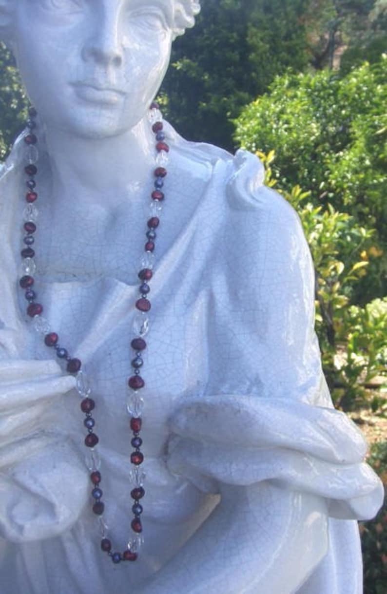SALE Colorful Black Pearl Burgandy Pearl Long Strand Necklace,Bold Crystal and Cranberry Red Pearl Necklace,Baroque Cultured Pearl Necklace