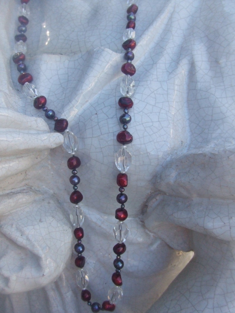 SALE Colorful Black Pearl Burgandy Pearl Long Strand Necklace,Bold Crystal and Cranberry Red Pearl Necklace,Baroque Cultured Pearl Necklace
